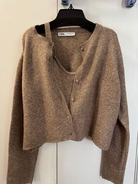 Zara Taupe Cropped Button Cardigan Set